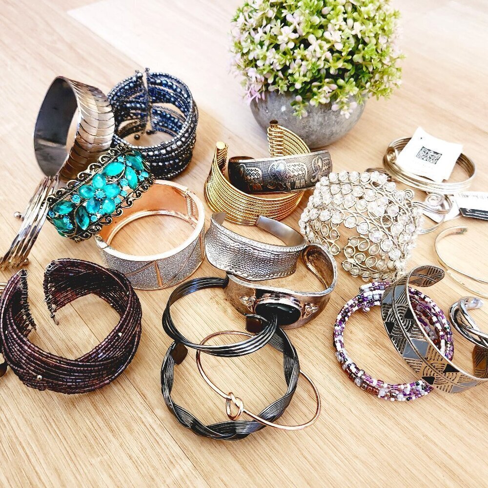 Vintage to Modern Chunky Boho Silver Gold Tone Beaded Cuff Bracelet 20 pc Lot